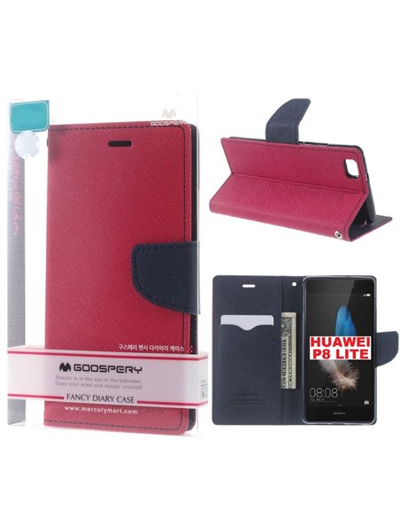 CUSTODIA FLIP ORIZZONTALE per HUAWEI P8 LITE CON STAND, INTERNO IN TPU, PORTA CARTE E CHIUSURA MAGNETICA FUCSIA ALTA QUALITA'