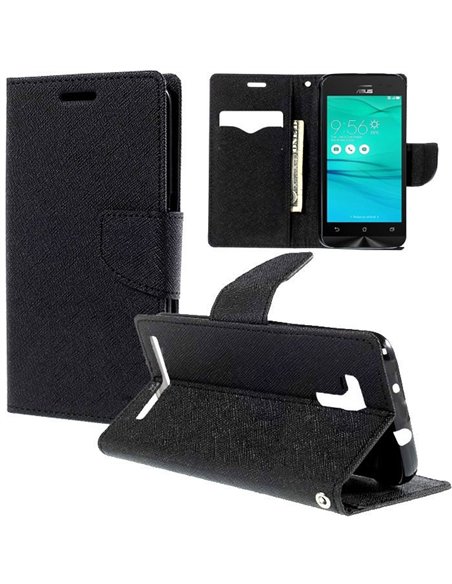 CUSTODIA FLIP ORIZZONTALE per ASUS ZENFONE GO ZB450KL, ZB452KG - 4.5' POLLICI CON INTERNO IN TPU, STAND E TASCHE PORTA CARTE NER