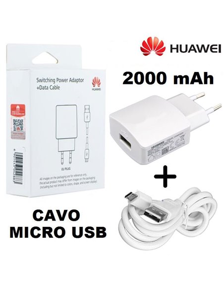 CARICATORE DA RETE 2000mAh ORIGINALE HUAWEI CON 1 PORTA USB + CAVO MICRO USB COLORE BIANCO HW-050200E3W BLISTER