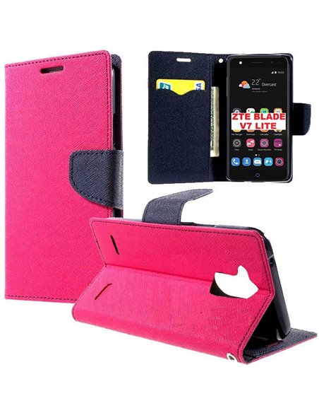 CUSTODIA FLIP ORIZZONTALE per ZTE BLADE V7 LITE CON INTERNO IN TPU, STAND, TASCHE PORTA CARTE E CHIUSURA MAGNETICA COLORE FUCSIA