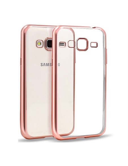 CUSTODIA GEL TPU SILICONE per SAMSUNG SM-J320 GALAXY J3 2016 TRASPARENTE CON CORNICE COLORE ROSA ORO
