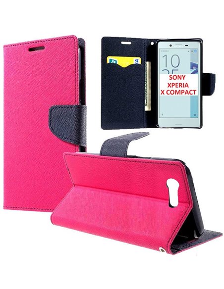 CUSTODIA FLIP ORIZZONTALE per SONY XPERIA X COMPACT CON INTERNO IN TPU, STAND, PORTA CARTE E CHIUSURA MAGNETICA COLORE FUCSIA