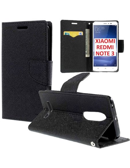 CUSTODIA FLIP ORIZZONTALE per XIAOMI REDMI NOTE 3 CON INTERNO IN TPU, PORTA CARTE, STAND E CHIUSURA MAGNETICA COLORE NERO