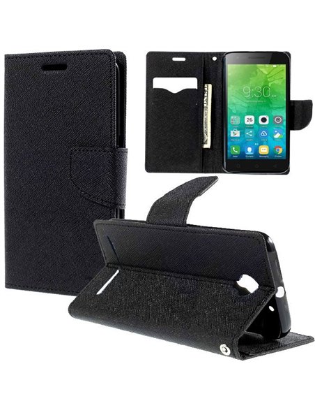 CUSTODIA FLIP ORIZZONTALE per LENOVO VIBE C2 (k10a40), VIBE C2 POWER CON INTERNO IN TPU, STAND E TASCHE PORTA CARTE COLORE NERO