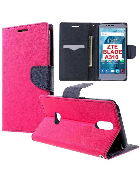 CUSTODIA FLIP ORIZZONTALE per ZTE BLADE A310 CON INTERNO IN TPU, STAND, TASCHE PORTA CARTE E CHIUSURA MAGNETICA COLORE FUCSIA