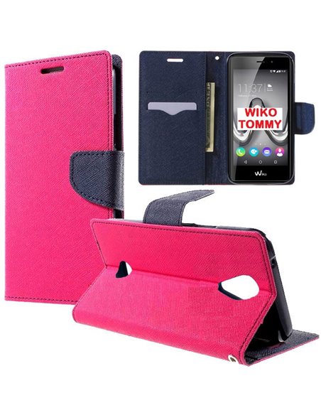 CUSTODIA FLIP ORIZZONTALE per WIKO TOMMY CON INTERNO IN TPU, STAND, TASCHE PORTA CARTE E CHIUSURA MAGNETICA COLORE FUCSIA