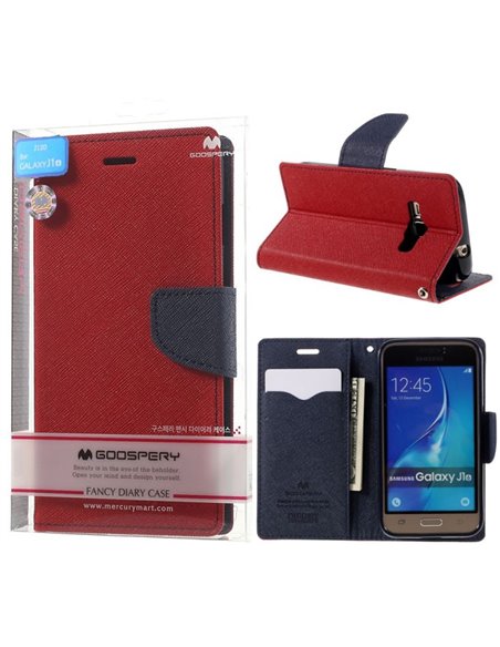 CUSTODIA FLIP ORIZZONTALE per SAMSUNG SM-J120 GALAXY J1 (2016) CON STAND E INTERNO IN TPU COLORE ROSSO FANCY DIARY MERCURY