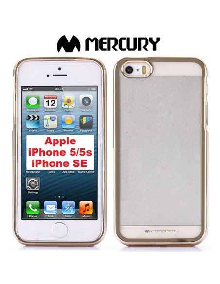 CUSTODIA per APPLE IPHONE SE, IPHONE 5S, IPHONE 5 IN GEL TPU TRASPARENTE CON CORNICE COLORE ORO ALTA QUALITA' MERCURY BLISTER