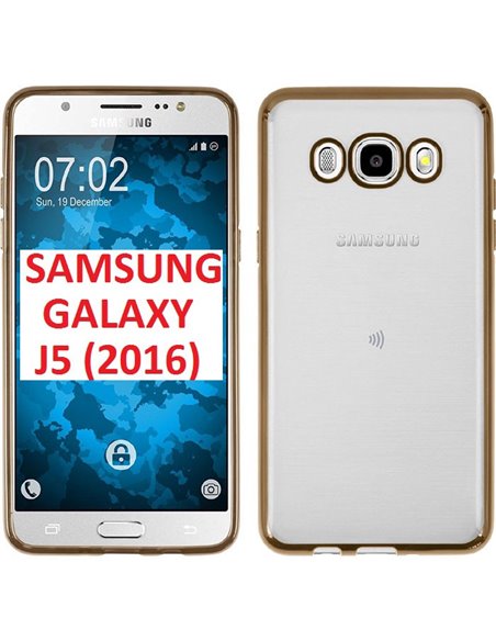 CUSTODIA GEL TPU SILICONE per SAMSUNG SM-J510 GALAXY J5 (2016) TRASPARENTE CON CORNICE COLORE ORO