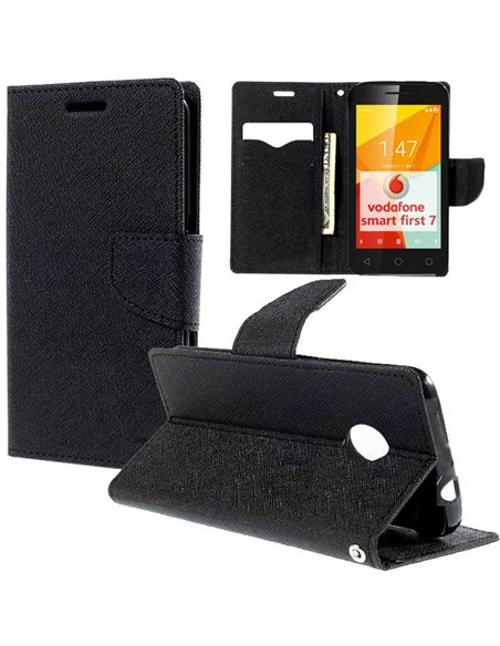 CUSTODIA FLIP ORIZZONTALE per VODAFONE SMART FIRST 7, VF200 CON INTERNO IN TPU, STAND E PORTA CARTE OLORE NERO