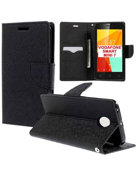 CUSTODIA FLIP ORIZZONTALE per VODAFONE SMART MINI 7, VF-300 CON INTERNO IN TPU, STAND E PORTA CARTE COLORE NERO