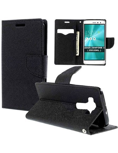 CUSTODIA per ASUS ZENFONE 3 (ZE520KL), 5.2' POLLICI - FLIP ORIZZONTALE CON INTERNO IN TPU, STAND E PORTA CARTE COLORE NERO