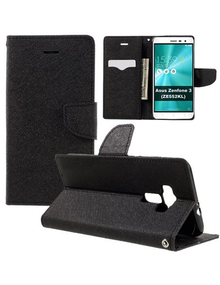 CUSTODIA per ASUS ZENFONE 3 (ZE552KL), 5.5' POLLICI - FLIP ORIZZONTALE CON INTERNO IN TPU, STAND E TASCHE PORTA CARTE COLORE NER