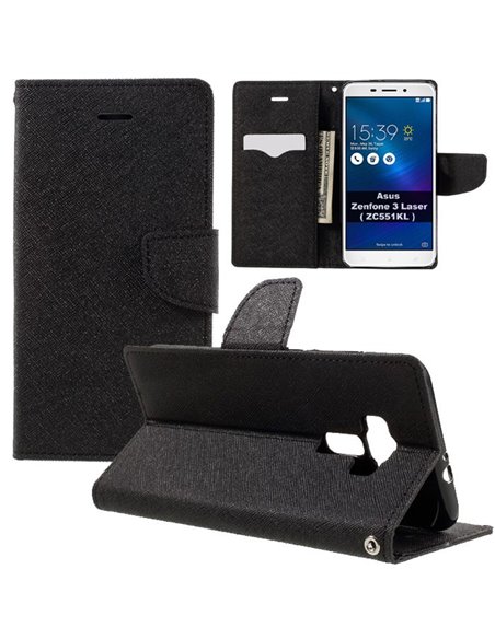 CUSTODIA per ASUS ZENFONE 3 LASER (ZC551KL), 5.5' POLLICI - FLIP ORIZZONTALE CON INTERNO IN TPU, STAND E PORTA CARTE COLORE NERO