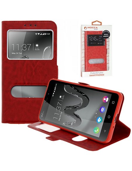 CUSTODIA per WIKO FREDDY - FLIP ORIZZONTALE PELLE CON INTERNO IN TPU E DOPPIA FINESTRA ID COLORE ROSSO ALTA QUALITA' MOCCA