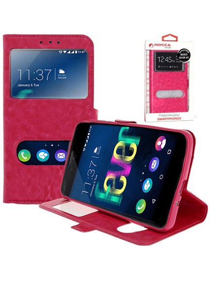 CUSTODIA per WIKO FEVER 4G - FLIP ORIZZONTALE PELLE CON INTERNO IN TPU E DOPPIA FINESTRA ID COLORE ROSA ALTA QUALITA' MOCCA