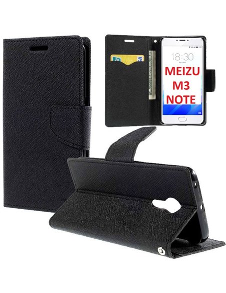 CUSTODIA per MEIZU M3 NOTE - FLIP ORIZZONTALE CON STAND, INTERNO IN TPU SILICONE, PORTA CARTE E CHIUSURA MAGNETICA COLORE NERO