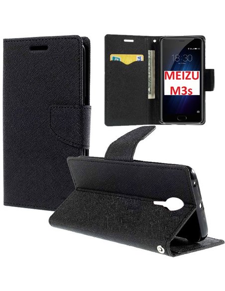 CUSTODIA per MEIZU M3S, M3 MINI - FLIP ORIZZONTALE CON STAND, INTERNO IN TPU, PORTA CARTE E CHIUSURA MAGNETICA COLORE NERO