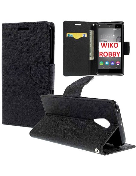 CUSTODIA per WIKO ROBBY - FLIP ORIZZONTALE CON INTERNO IN TPU SILICONE, STAND, PORTA CARTE E CHIUSURA MAGNETICA COLORE NERO