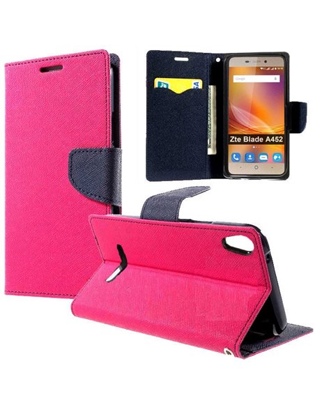 CUSTODIA per ZTE BLADE A452 - FLIP ORIZZONTALE CON INTERNO IN TPU, STAND, PORTA CARTE E CHIUSURA MAGNETICA COLORE FUCSIA