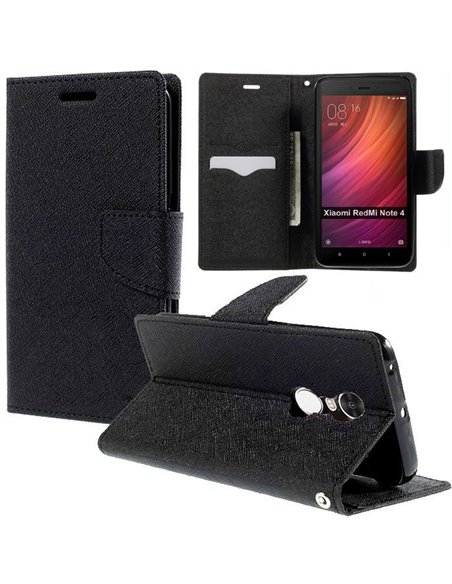 CUSTODIA per XIAOMI REDMI NOTE 4, REDMI NOTE 4X - FLIP ORIZZONTALE CON INTERNO IN TPU, STAND E CHIUSURA MAGNETICA COLORE NERO