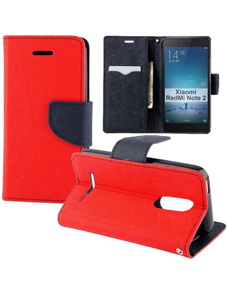 CUSTODIA per XIAOMI REDMI NOTE 2, REDMI NOTE 2 PRIME - FLIP ORIZZONTALE CON INTERNO IN TPU, STAND E CHIUSURA MAGNETICA ROSSO E B