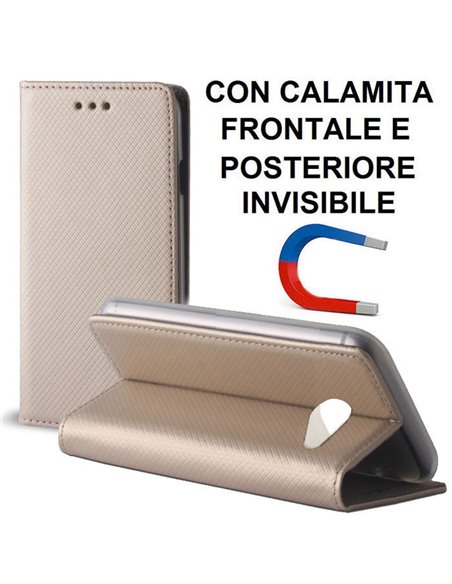 CUSTODIA per LG K5, X220 - FLIP ORIZZONTALE con CHIUSURA MAGNETICA INVISIBILE, STAND ED INTERNO IN TPU SILICONE COLORE ORO