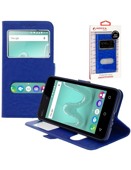 CUSTODIA per WIKO SUNNY - FLIP ORIZZONTALE PELLE CON INTERNO IN TPU SILICONE E DOPPIA FINESTRA ID COLORE BLU MOCCA BLISTER