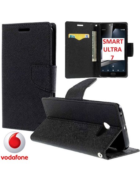 CUSTODIA per VODAFONE SMART ULTRA 7 - FLIP ORIZZONTALE CON INTERNO IN TPU SILICONE, STAND E PORTA CARTE COLORE NERO