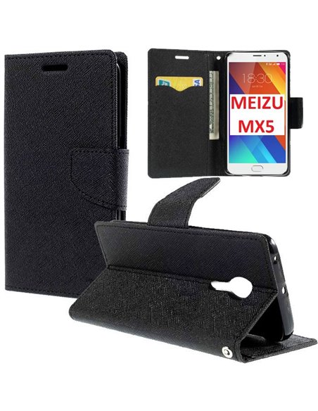 CUSTODIA per MEIZU MX5 - FLIP ORIZZONTALE CON STAND, INTERNO IN TPU SILICONE, TASCHE PORTA CARTE E CHIUSURA MAGNETICA COLORE NER