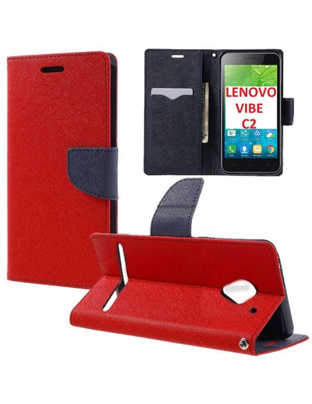 CUSTODIA  per LENOVO VIBE C2 (k10a40), VIBE C2 POWER - FLIP ORIZZONTALE CON INTERNO IN TPU, STAND E TASCHE PORTA CARTE COLORE RO