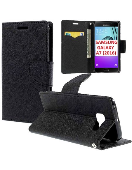 CUSTODIA per SAMSUNG SM-A710 GALAXY A7 (2016) - FLIP ORIZZONTALE CON STAND, INTERNO IN TPU SILICONE E PORTA CARTE COLORE NERO