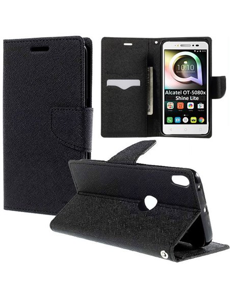 CUSTODIA per ALCATEL ONE TOUCH SHINE LITE, OT-5080X - FLIP ORIZZONTALE CON INTERNO IN TPU, CHIUSURA MAGNETICA E STAND NERO