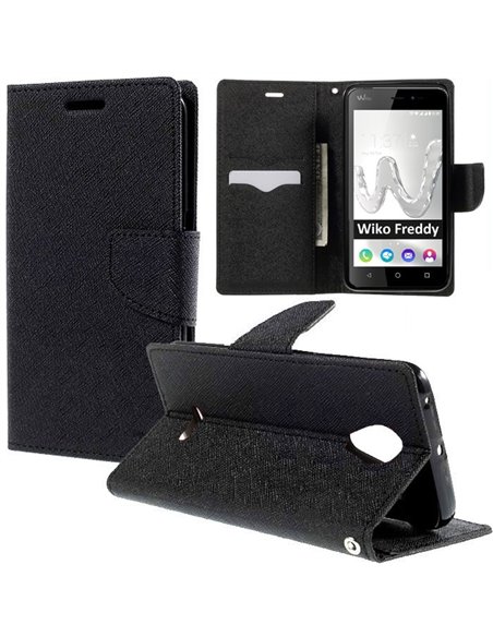 CUSTODIA per WIKO FREDDY -  FLIP ORIZZONTALE CON INTERNO IN TPU, STAND, PORTA CARTE E CHIUSURA MAGNETICA COLORE NERO