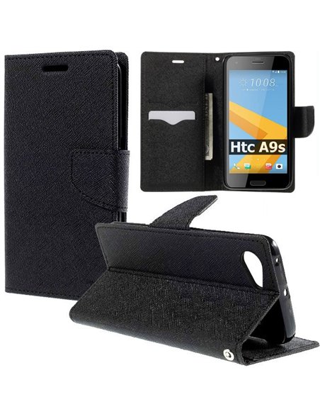 CUSTODIA per HTC ONE A9s - FLIP ORIZZONTALE CON INTERNO IN TPU, STAND, TASCHE PORTA CARTE E CHIUSURA MAGNETICA COLORE NERO