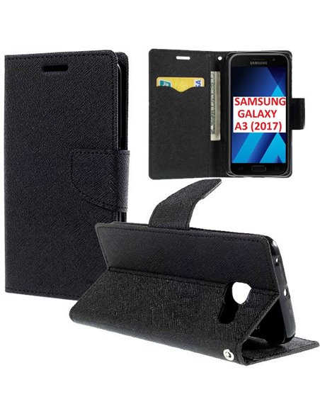 CUSTODIA per SAMSUNG SM-A320 GALAXY A3 (2017) - FLIP ORIZZONTALE CON STAND, INTERNO IN TPU SILICONE E PORTA CARTE COLORE NERO