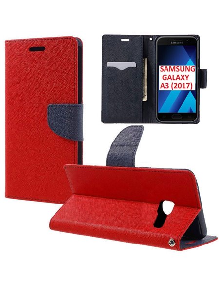 CUSTODIA per SAMSUNG SM-A320 GALAXY A3 (2017) - FLIP ORIZZONTALE CON STAND, INTERNO IN TPU SILICONE E PORTA CARTE COLORE ROSSO