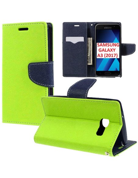 CUSTODIA per SAMSUNG SM-A320 GALAXY A3 (2017) - FLIP ORIZZONTALE CON STAND, INTERNO IN TPU SILICONE E PORTA CARTE COLORE VERDE