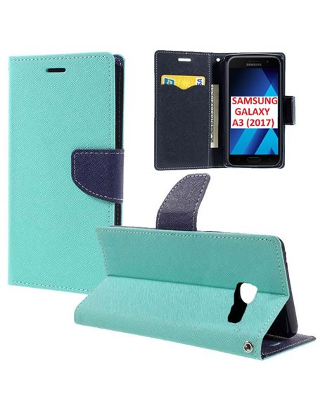 CUSTODIA per SAMSUNG SM-A320 GALAXY A3 (2017) - FLIP ORIZZONTALE CON STAND, INTERNO IN TPU E PORTA CARTE COLORE VERDE ACQUA