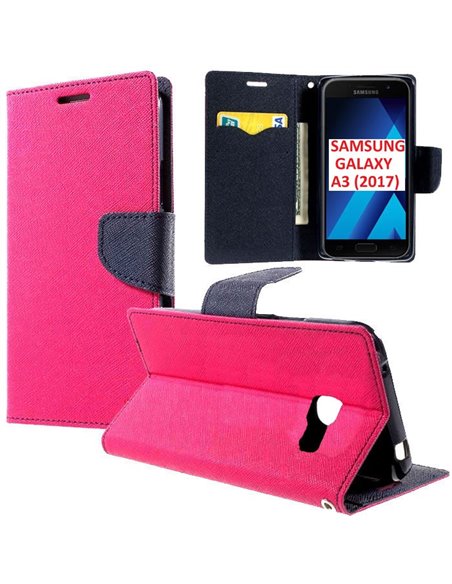 CUSTODIA per SAMSUNG SM-A320 GALAXY A3 (2017) - FLIP ORIZZONTALE CON STAND, INTERNO IN TPU SILICONE E PORTA CARTE COLORE FUCSIA