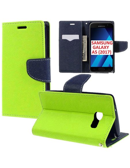 CUSTODIA per SAMSUNG SM-A520 GALAXY A5 (2017) - FLIP ORIZZONTALE CON STAND, INTERNO IN TPU SILICONE E PORTA CARTE COLORE VERDE