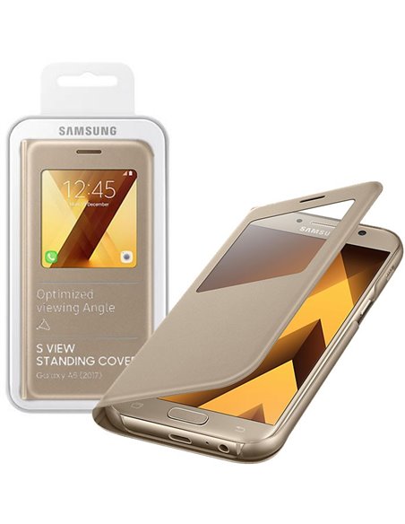 CUSTODIA ORIGINALE per SAMSUNG SM-A520 GALAXY A5 (2017) - S VIEW STANDING COVER CON FINESTRA E STAND ORO EF-CA520PFEGWW