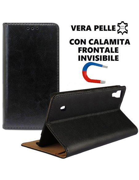 CUSTODIA per LG X POWER, K220 - FLIP ORIZZONTALE VERA PELLE CON CHIUSURA MAGNETICA INVISIBILE E INTERNO IN TPU NERO