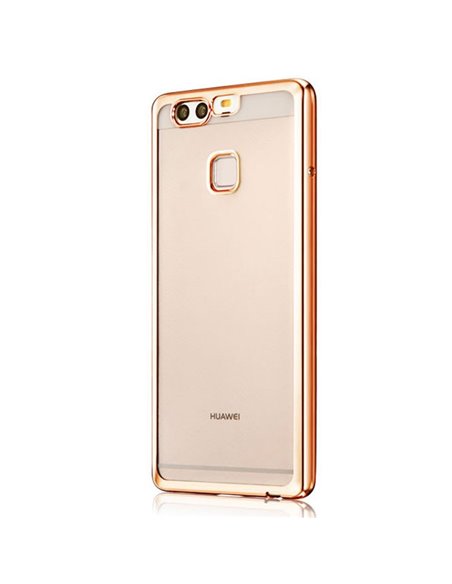 CUSTODIA per HUAWEI P9 PLUS IN GEL TPU SILICONE TRASPARENTE CON CORNICE COLORE ORO