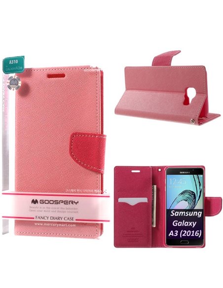 CUSTODIA per SAMSUNG SM-A310 GALAXY A3 (2016) - FLIP ORIZZONTALE CON STAND E INTERNO IN TPU SILICONE COLORE ROSA ALTA QUALITA'