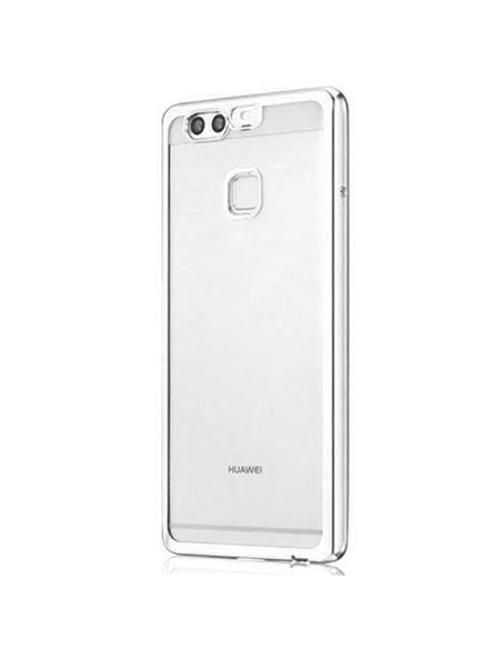 CUSTODIA per HUAWEI P9 PLUS IN GEL TPU SILICONE TRASPARENTE CON CORNICE COLORE SILVER