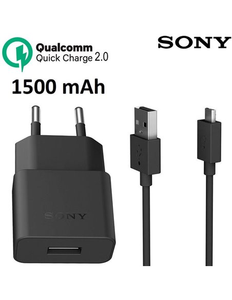 CARICATORE DA RETE 1500mAh ORIGINALE SONY CON 1 PORTA USB + CAVO MICRO USB QUICK CHARGER COLORE NERO UCH20 BULK