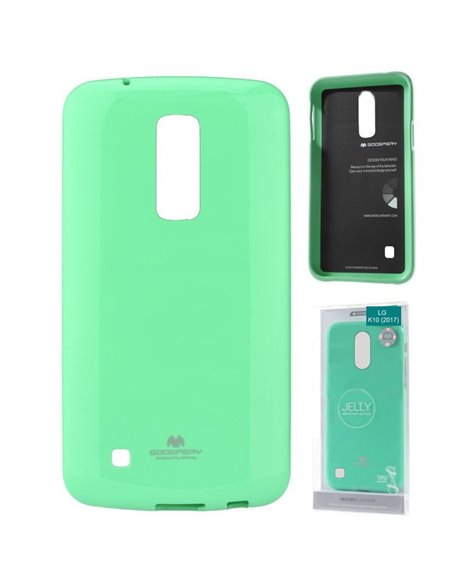 CUSTODIA per LG K10 (2017) IN GEL TPU SILICONE COLORE VERDE ACQUA LUCIDO CON GLITTER ALTA QUALITA' MERCURY BLISTER