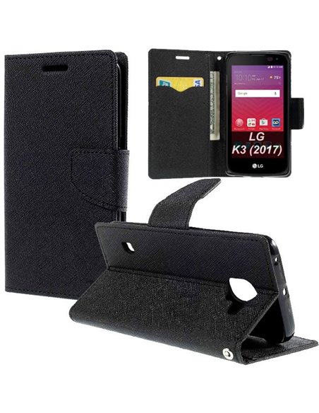 CUSTODIA per LG K3 (2017) - FLIP ORIZZONTALE CON INTERNO IN TPU, STAND, TASCHE PORTA CARTE E CHIUSURA MAGNETICA COLORE NERO