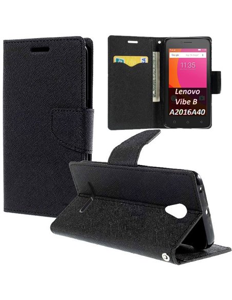 CUSTODIA per LENOVO VIBE B, A2016A40 - FLIP ORIZZONTALE CON INTERNO IN TPU, STAND E TASCHE PORTA CARTE COLORE NERO